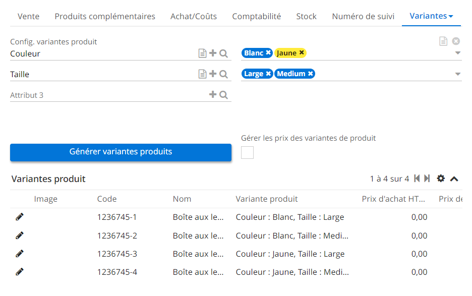 1.3. Les différentes variantes de produit générées.