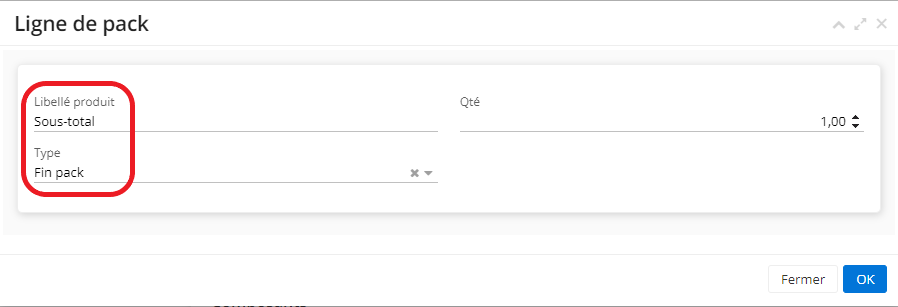 1.5. Les lignes “Début pack” et “Fin pack” (l’onglet Ligne de pack, fiche de pack) permettent de personnaliser les lignes de début et fin de pack et servent à délimiter où commence et se termine le pack. Par exemple, la ligne “fin de pack” peut être nommée “sous-total” et elle sera par conséquent affichée sur le devis comme “sous-total”.