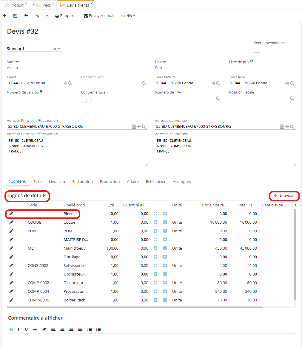 1.3. Le pack et ses composants vont être affichés dans le tableau “Lignes de détails” sur le devis. Vous pouvez soit ajouter des nouvelles lignes (une nouvelle Ligne commande vente), soit cliquer sur une ligne déjà existante.