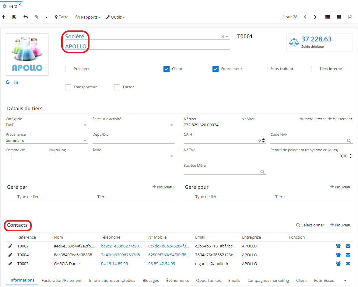 1.2. Fiche tiers société et ses contacts attachés.