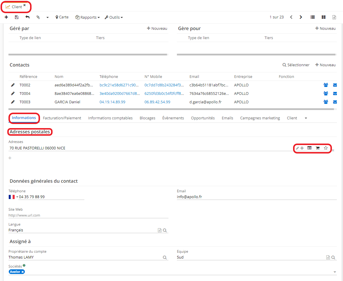 1.4. Sur la fiche client, dans l’onglet “Informations”, sélectionnez une adresse dans le champ “Adresses”. En outre, vous pouvez ajouter une nouvelle adresse en cliquant sur l’icône +.