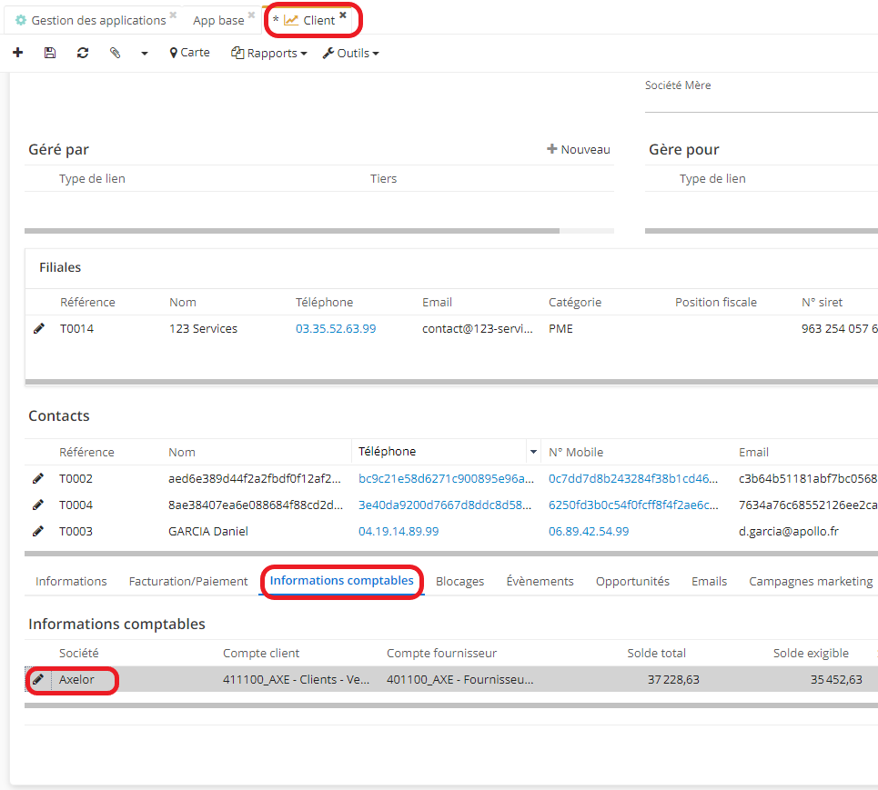 1.1. Sur la fiche tiers, dans l’onglet “Informations comptables” cliquez sur la fiche de Société afin d’accéder aux informations comptables.