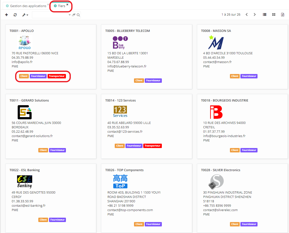 1.1. Consultez le référentiel de tiers via Config applicative → Référentiel → Tiers.