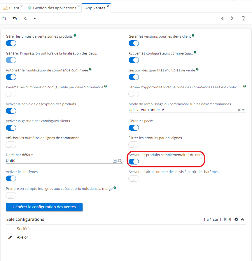 1.1. Sur la page d’App Ventes, activez l’option “Activer les produits complémentaires du tiers”.