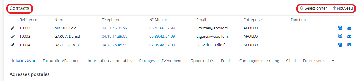 2.2. Sur la fiche Client, sélectionnez ou ajoutez de nouveaux contacts.