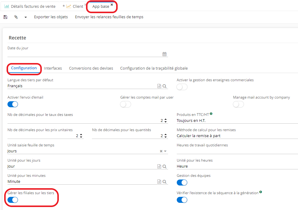 1.1. Afin d’activer la gestion des filiales sur les tiers, accédez à la page d’App Base : Config applicative → Gestion des applications → Base, configurer → sur la page d’app Base, cliquez sur l’onglet Configuration → activez l’option “Gérer les filiales sur les tiers”.