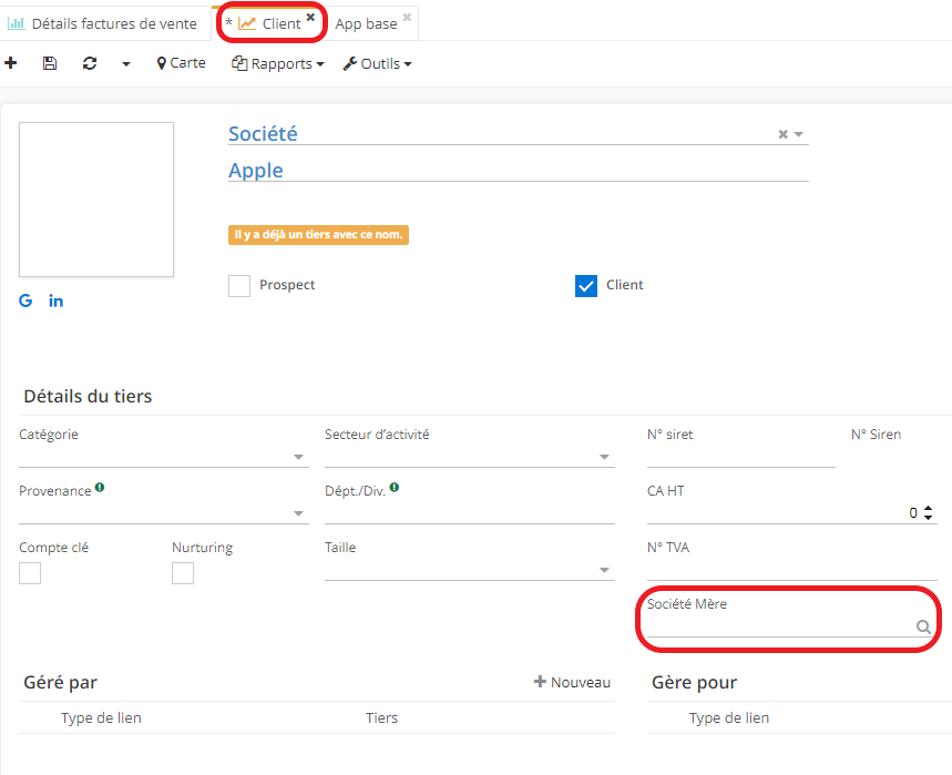 1.2. Une fois que vous avez activé le booléen “Gérer les filiales sur les tiers”, vous allez constater que le champ “Société Mère” est apparu. Renseignez une Société Mère.