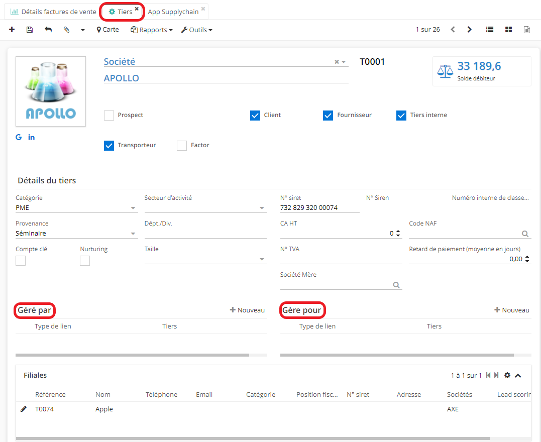 1.2. Une fois que l'option “Activer les relations entre tiers” a été activé, vous allez  constater que les champs “Géré par” et “Géré pour” sont apparus sur la fiche de tiers.