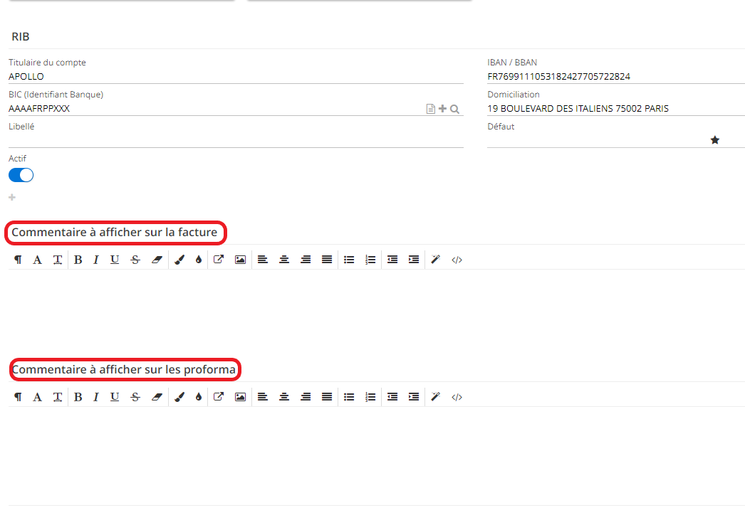 1.3. Vous pouvez également activer des commentaires qui vont s’afficher sur la facture, surtout dans le cas où le client souhaite que certaines informations soient affichées sur la facture (seulement pour ce client). La même approche s’applique aux proforma.