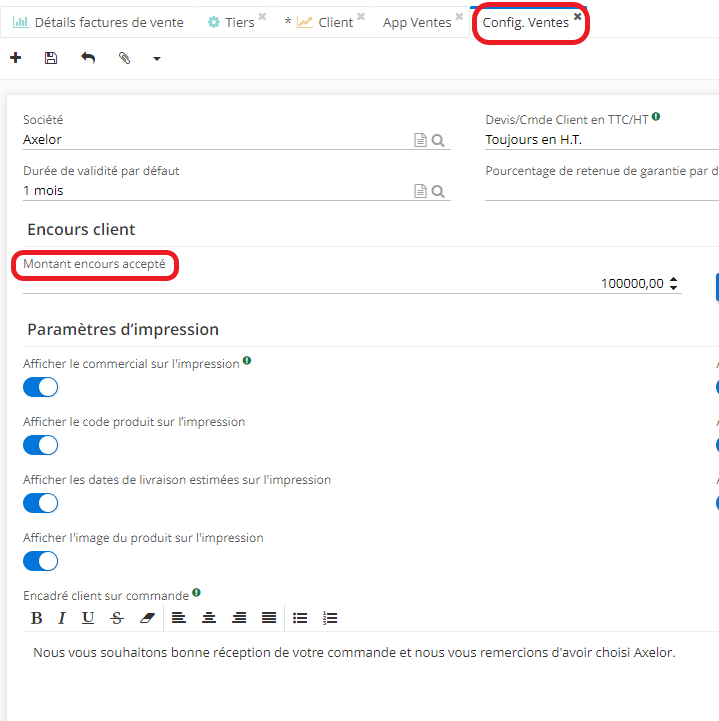 1.3. Le montant d'encours peut se configurer dans le module Ventes.