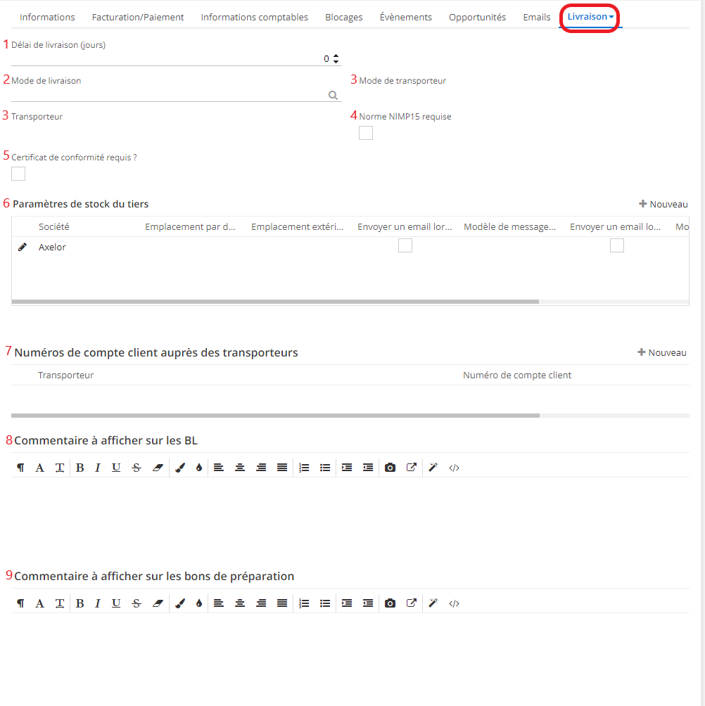 1.1. Onglet Livraison sur la fiche Tiers et les champs à remplir.