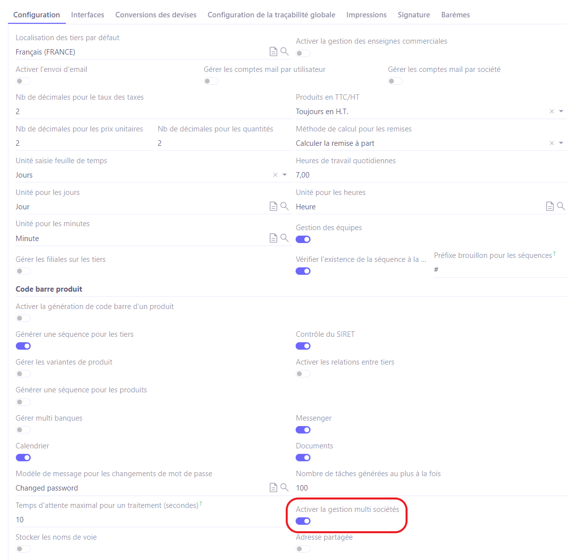 1.1. Accès : Config applicative → Gestions des applications → Base, configurer → activez l’option “Activer la gestion multi-sociétés”.