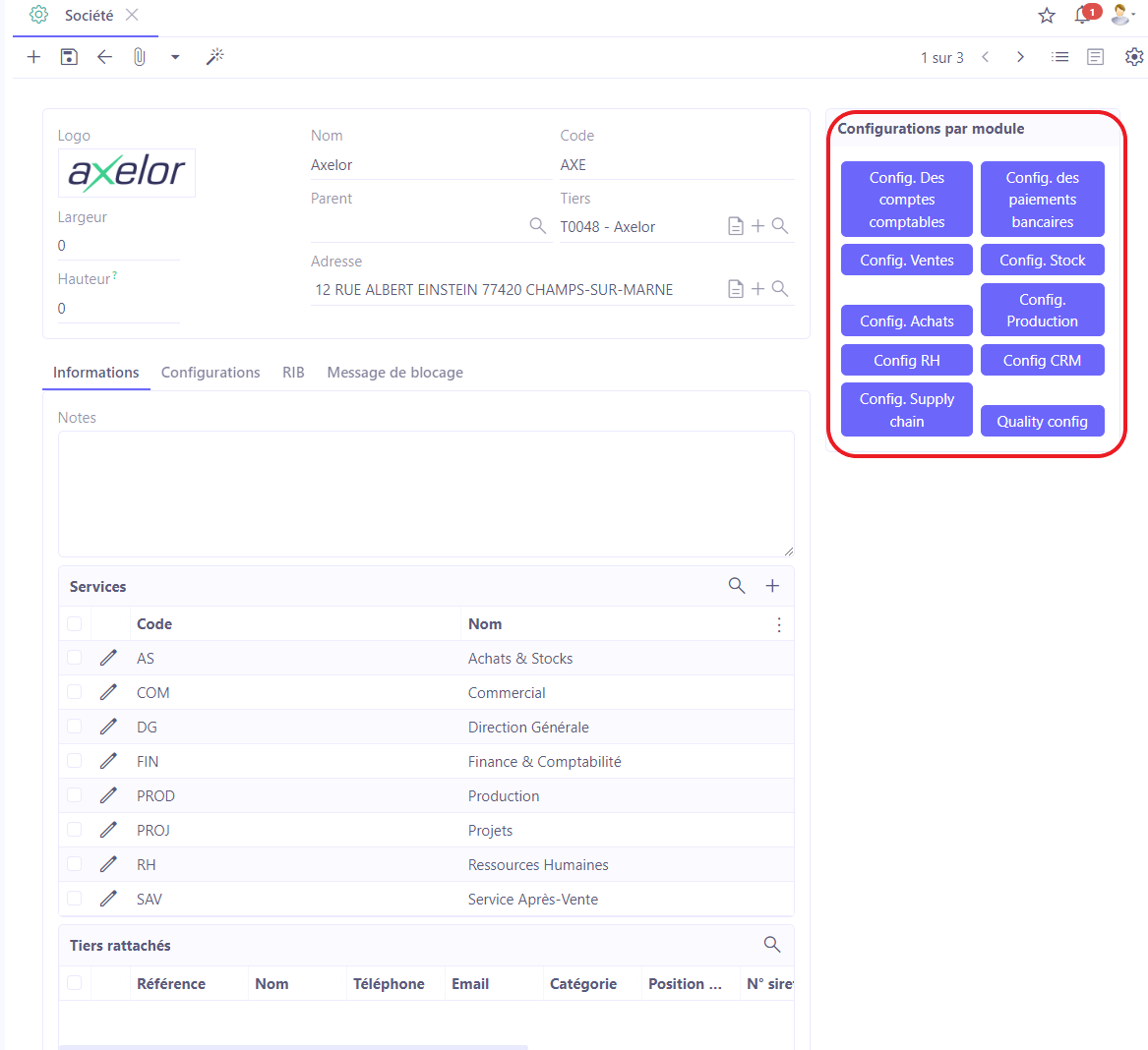 1.3. Une fois que la fiche a été créée et sauvegardée, les configurations par module vont apparaître à droite. Le fait d’accéder à ces configurations par module vous permet d’ouvrir directement les configurations par société.