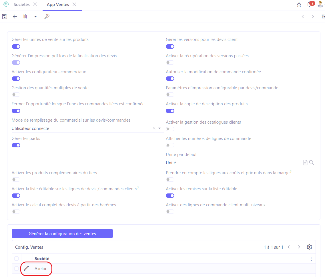 1.4. En cas de multi-société, sachez que les configurations disponibles à l'ouverture d’un module s’appliquent sur toutes les sociétés. Cependant, les configurations propres à chaque  société sont disponibles en bas de la page dans la partie “Société”. Cliquez sur une société afin de pouvoir ajouter des configurations à cette société en particulier.