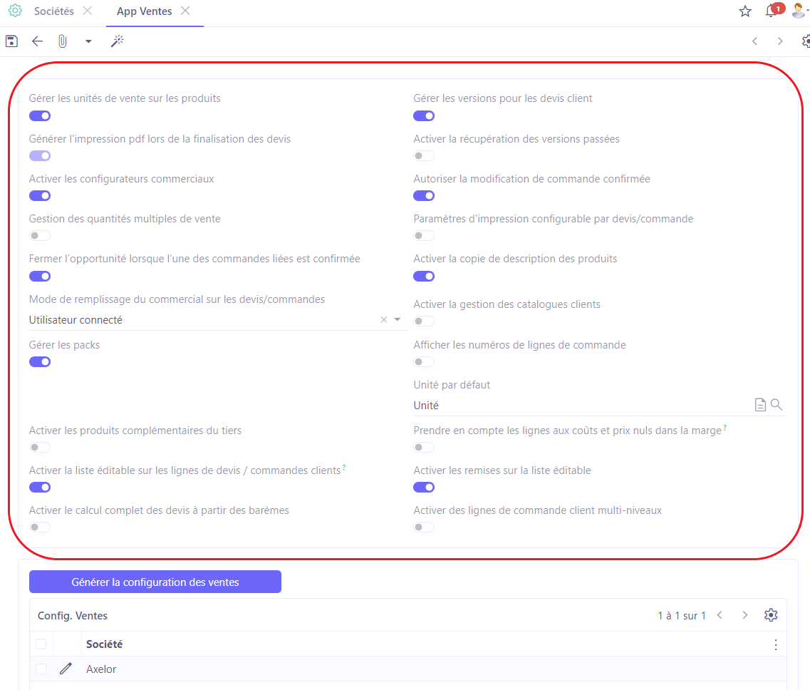 1.3. En cas de multi-société, sachez que les configurations disponibles à l'ouverture d’un module s’appliquent sur toutes les sociétés. Ici, ce sont les configurations d'app Ventes qui seront appliquées à toutes les sociétés.