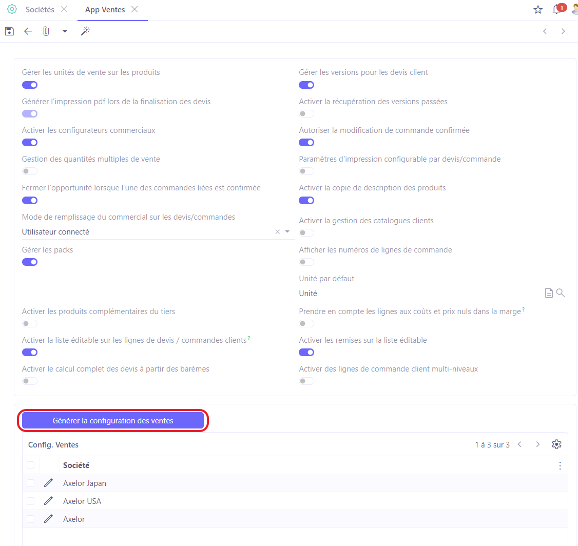 1.2. Si les multi-sociétés ne s’affichent pas en bas de la page de chaque module, cliquez sur le bouton “Générer les configurations…”. Ainsi, toutes les sociétés existantes seront affichées et disponibles à configurer séparément.