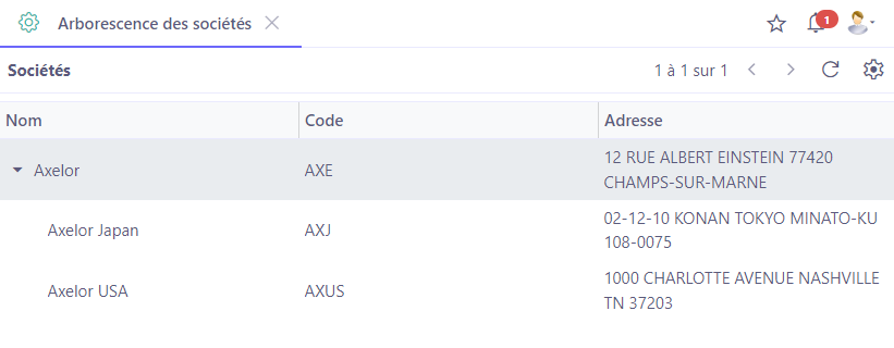 1.4. Si vous avez des sociétés avec une société définie en tant que parent sur la fiche de la société, vous pourrez trouver son arborescence. Accès : Config applicative → Utilisateurs / Société → Arborescence des sociétés → cliquez sur la société parent afin de visualiser les sociétés attachées.