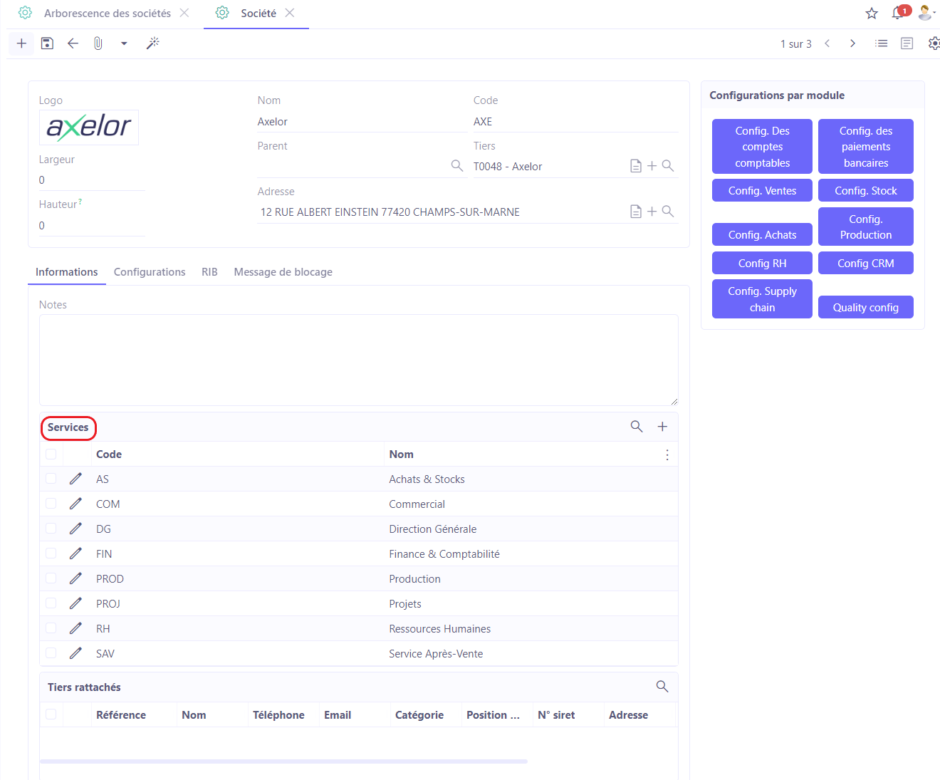 1.5. Services : sur la fiche de la société, trouvez les différents services de l’entreprise. Soit cliquez sur “Sélectionner” afin de sélectionner les services depuis une liste, soit cliquez sur +Nouveau afin de créer un nouveau service. Il est également possible de créer un nouveau service dans les configurations. Accès : Config applicative → Utilisateurs/Société → Configuration → Services.