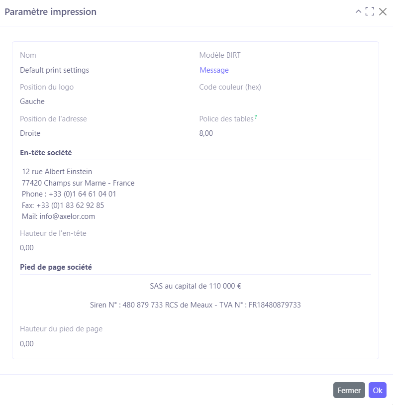 1.2. Dans l'onglet Configurations sur la fiche de la société, sélectionnez les paramètres de l'impression. Sur la page Paramètres d'Impressions, définissez les paramètres. Lorsque il s’agit des paramètres par défaut, vous y retrouverez la configuration  standard des différents modèles BIRT. Ces paramètres standard comprennent un en-tête de société, ainsi que le pied de page société. Par exemple, ces informations sont reprises pour l’impression d’un devis client.