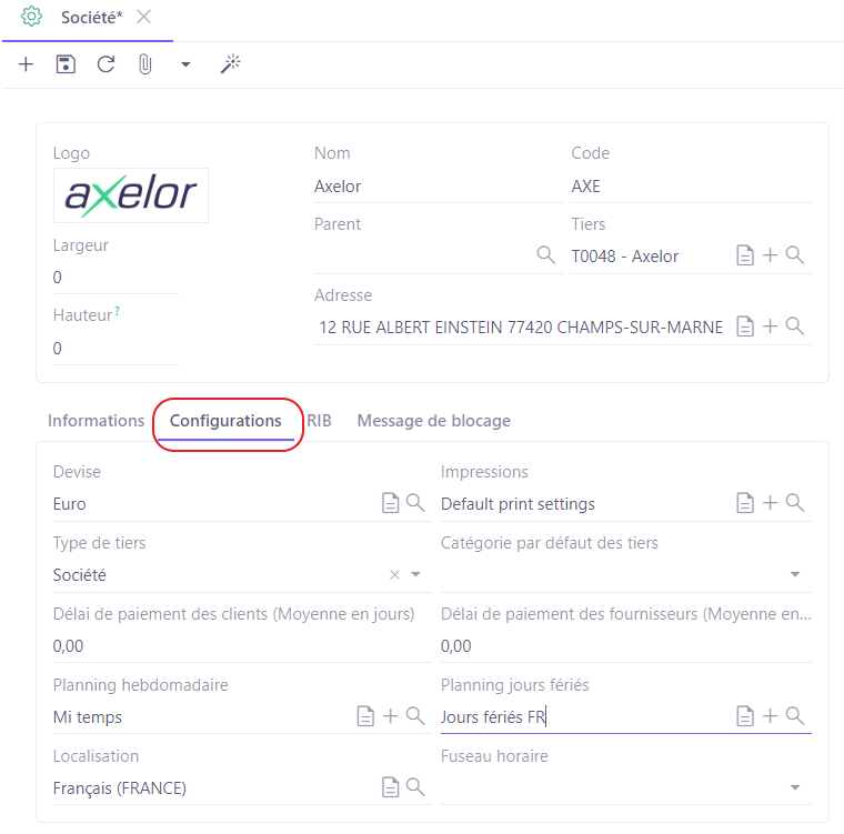 1.1. Onglet Configurations sur la fiche de la société.