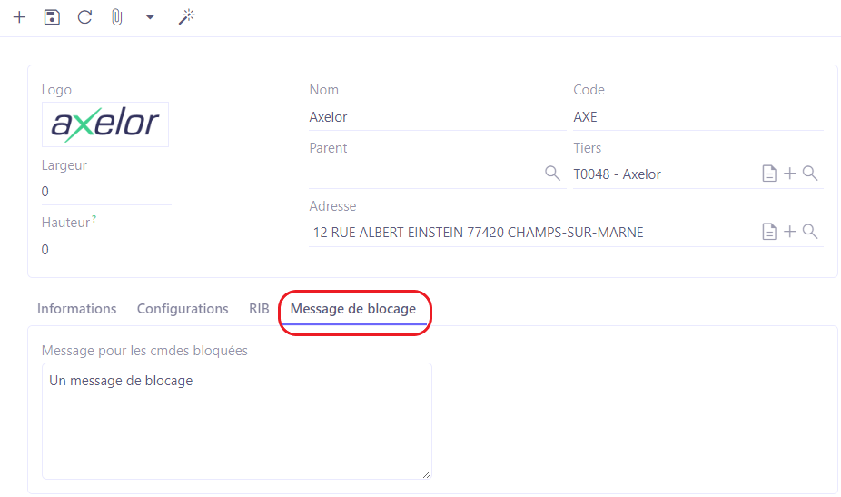 1.1. Lorsqu'il existe des commandes bloquées liées à un tiers bloqué (concernant le tiers bloqué, consultez la documentation du module Ventes), un message pour les commandes bloquées est affiché par défaut. Dans cet onglet, ajoutez un message de blocage.