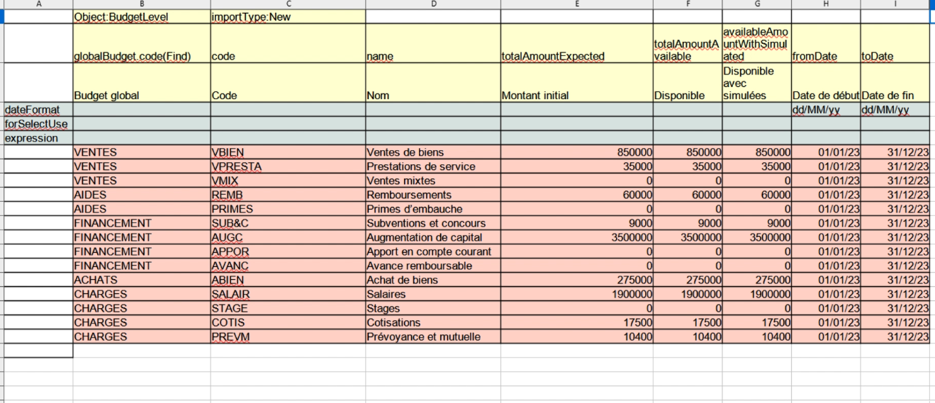 1.1. Un exemple du fichier Excel avec des données d'un budget à importer.