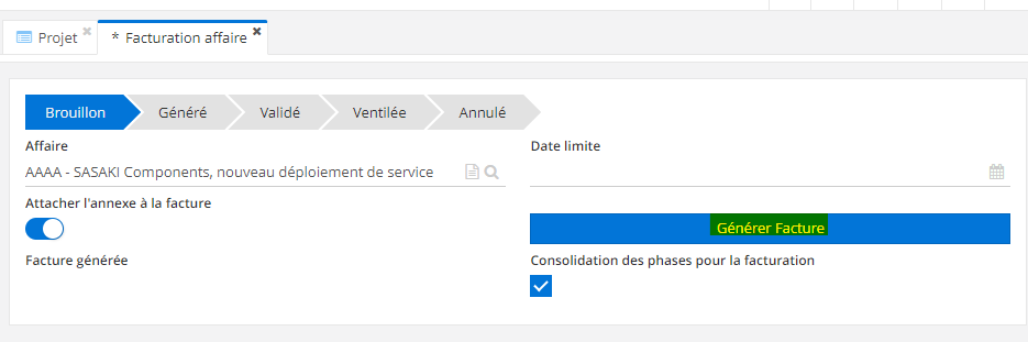 1.2. Sur le formulaire Facturation affaire, cliquez sur le bouton “Générer facture”. Si vous le souhaitez, activez l'option “Attacher l’annexe à la facture”.