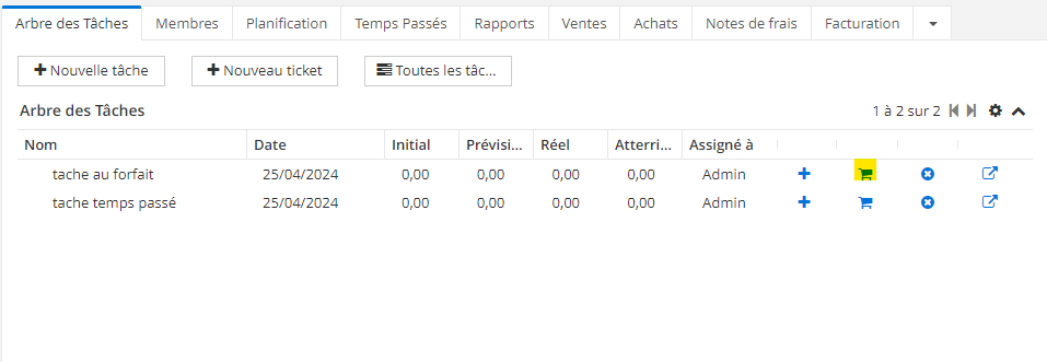 1.1. Il est possible de générer un achat depuis une tâche projet, soit depuis l’Arbre des tâches, soit depuis l’onglet “Achat” de la tâche. Sur l'image : onglet Arbre des tâches et l'icône de caddy. Le fait de cliquer sur l'icône de caddy permet de générer un achat (commande fournisseur).