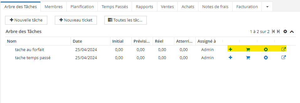 1.1. L’arbre de tâches permet de gérer toutes les tâches associées au projet. 1) L'icône de plus : permet de créer une nouvelle tâche enfant. 2) L'icône de caddy : permet de générer un achat (commande fournisseur). Le fait d'y cliquer ouvre directement la fiche du devis. 3) L'icône de croix : permet de supprimer une tâche. 4) L'icône de carré : permet d'ouvrir la tâche dans une nouvelle fenêtre.