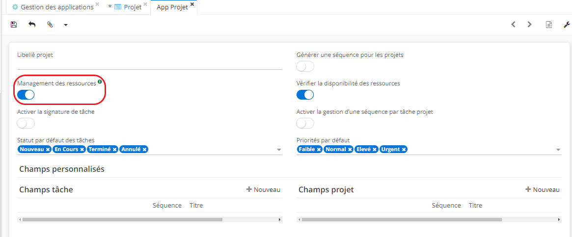 1.1. Sachez qu'il est nécessaire d'activer l'option Management des ressources pour que les menus d'entrées soient disponibles dans la Configuration. Accès : Config applicative → Gestion des applications → Projet → activez l'option Management des ressources → sauvegardez les modifications apportées et rafraichissez le navigateur.