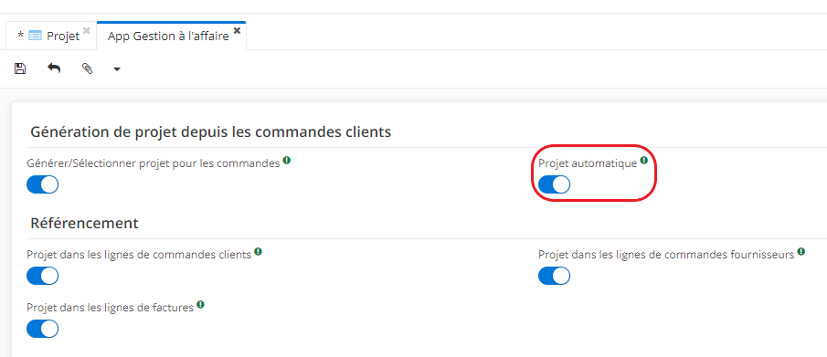 1.1. La génération d’une affaire peut également se faire automatiquement si vous activez l’option “Projet automatique” dans la configuration applicative du module Gestion à l’affaire. Accès : Config applicative → Gestion des applications → Gestion à l’affaire, configurer → activez l’option “Projet automatique” qui se trouve tout en haut dans la partie “Génération de projet depuis les commandes clients”.