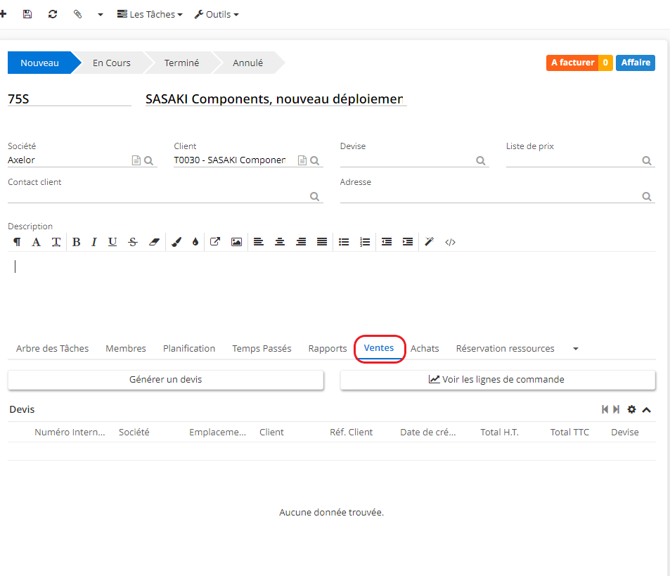 1.2. Depuis l’affaire, il est possible de générer un devis client dans l’onglet “Ventes”. Cliquez sur le bouton “Générer un devis”.