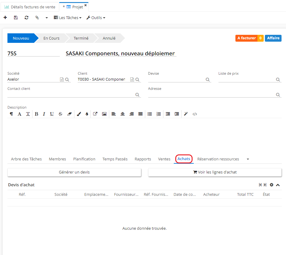 1.1. Pour gérer un achat non rattaché à une tâche spécifique, il suffit de passer par l’onglet “Achats” de l’affaire.