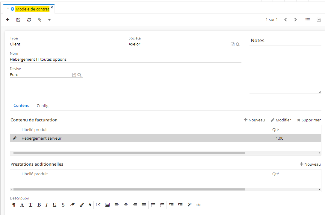 1.1. Accès : Contrat → Configuration → Modèle de contrat → +. Sur l'image, la fiche d'un modèle de contrat.