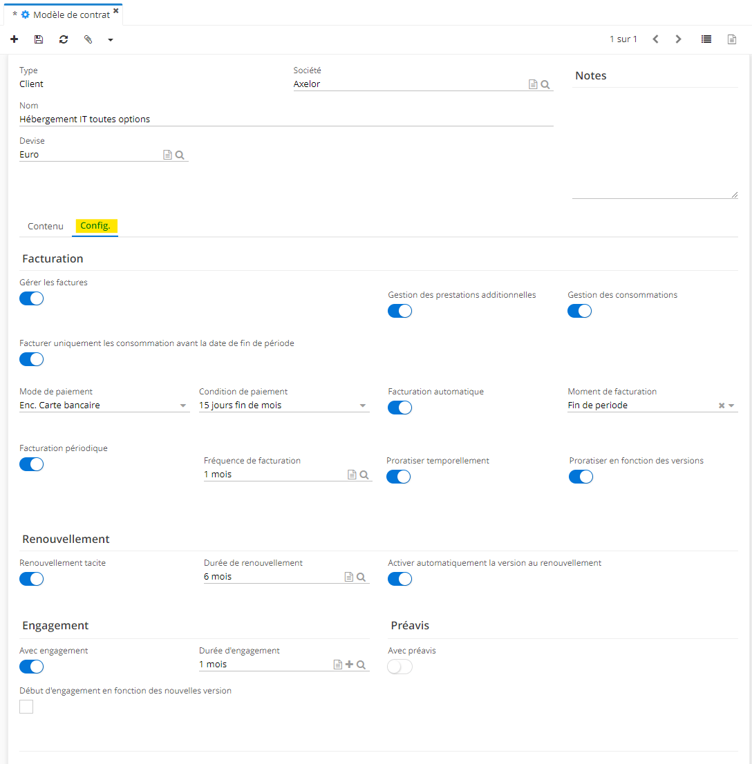 1.1. Onglet Configuration sur la fiche d'un modèle de contrat. Vous y trouverez les différentes options à activer.