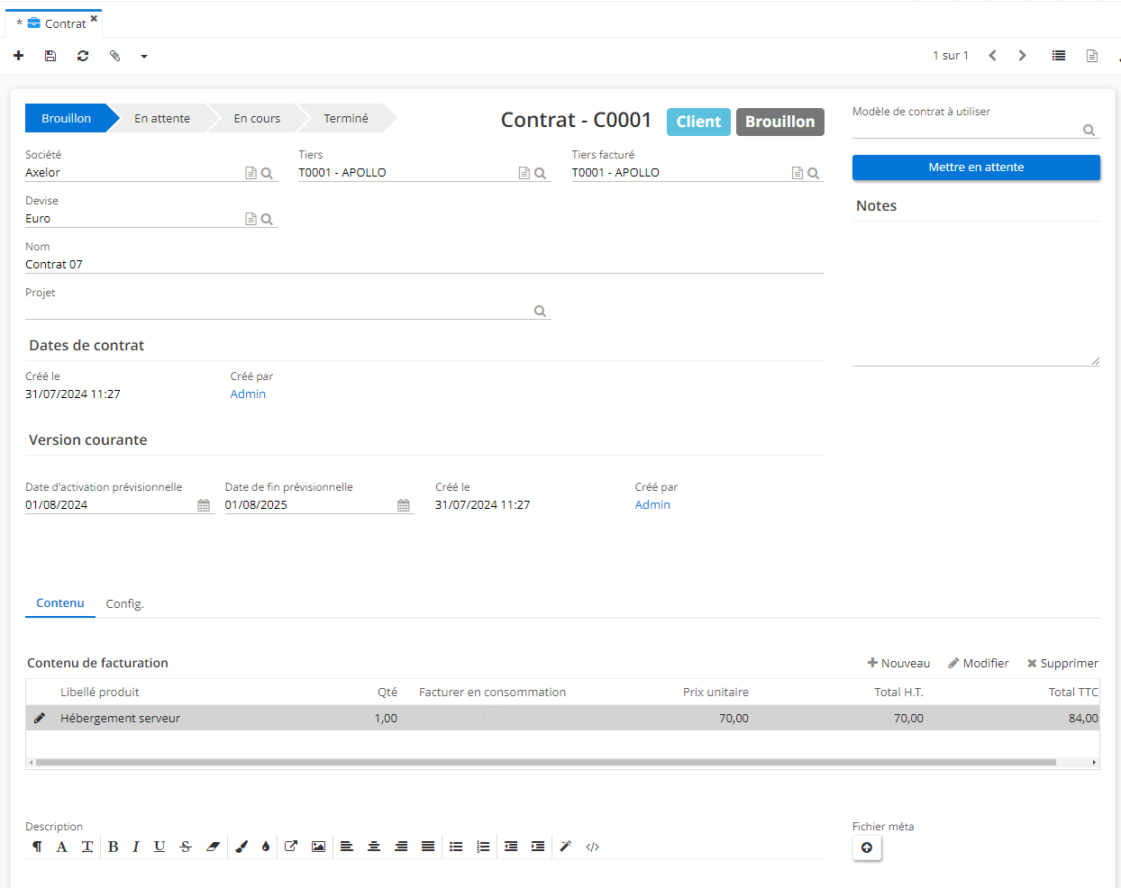 1.1. Accès : Contrats → Contrat client → +, soit Contrats → Contrat fournisseur → +. Ici, la page de création d'un contrat.