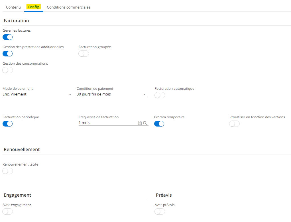 Onglet Configuration avec les options disponibles. Vous pouvez y configurer la facturation, le renouvellement, la gestion des prestation etc.