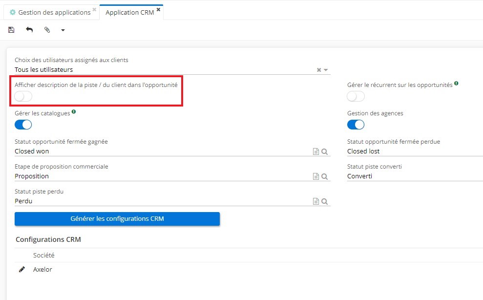 1.2. La case à cocher “Afficher description de la piste / du client dans l’opportunité”.