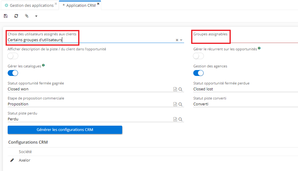 1.1. Sur la page d’application CRM, vous pouvez assigner les clients soit à tous les utilisateurs, soit à certains groupes d’utilisateurs. Si vous sélectionnez “Certains groupes d’utilisateurs”, le champ “Groupes assignables” va apparaître.