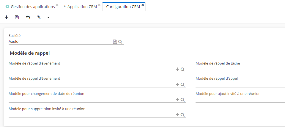 1.1. La page de Configuration CRM par Société. Pour y accèder : Config applicative → Gestion des applications → CRM, configurer →  sur la page d'application CRM, dans la section Configuration CRM, cliquez sur la fiche de société afin d'accèder aux configurations par Société.