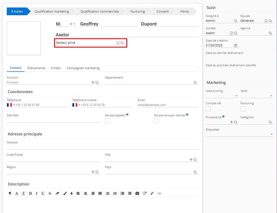 1.2. Une fois que vous avez crée le secteur d’activité, vous pouvez le sélectionner sur la fiche de la piste.