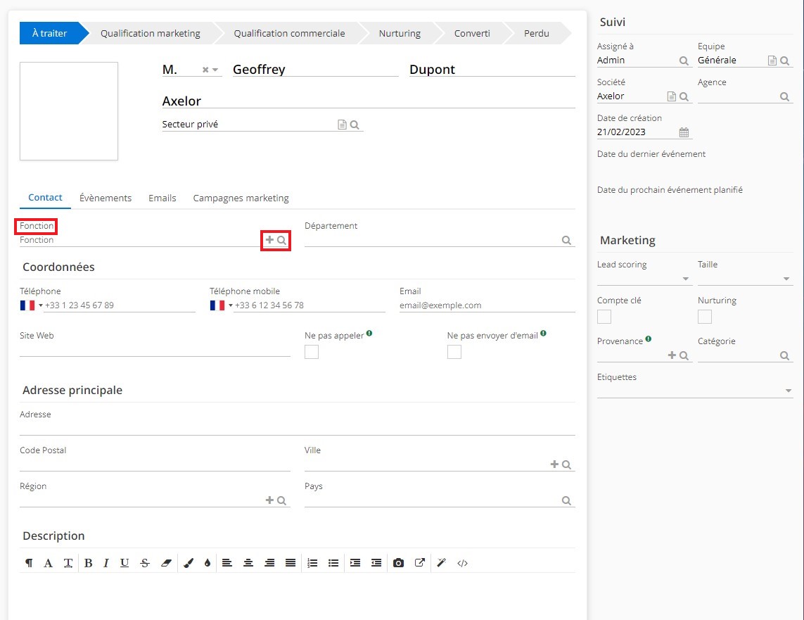 1.3. Sur la fiche de la piste, dans le champ Fonction, cliquez sur + si vous souhaitez créer une nouvelle fonction.