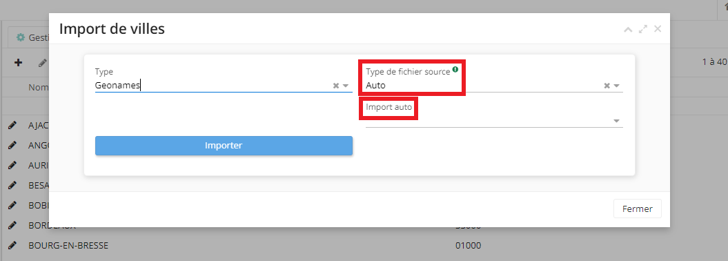 1.6. En cliquant sur le bouton “Import de villes”, vous pouvez définir si l’import est manuel ou automatique. Il est également possible d’effectuer l’import des données via le site Geonames.