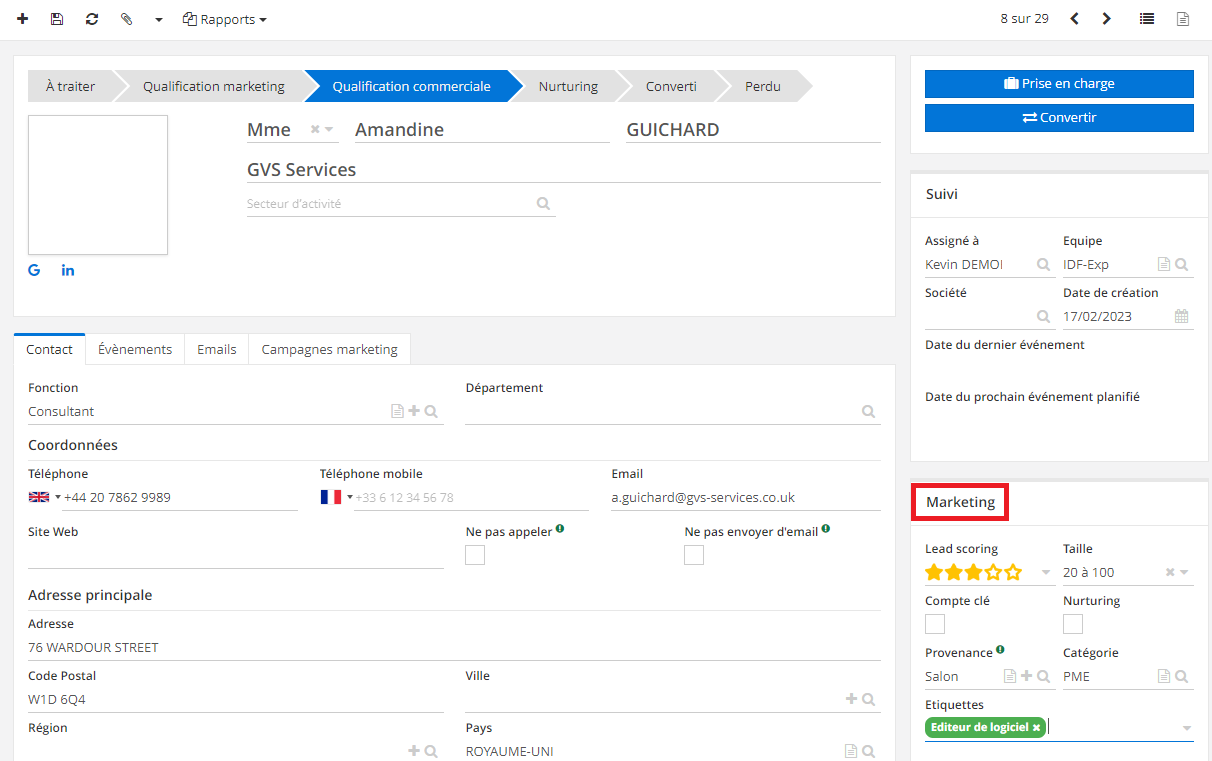 1.1. Sur la fiche de la piste, dans l’espace à droite se trouve la partie Marketing. Vous pouvez y renseigner le Lead scoring, la taille, la Provenance ainsi que la catégorie. Cochez les cases “Compte clé” ou “Nurturing” si besoin. Vous pouvez également créer des étiquettes.