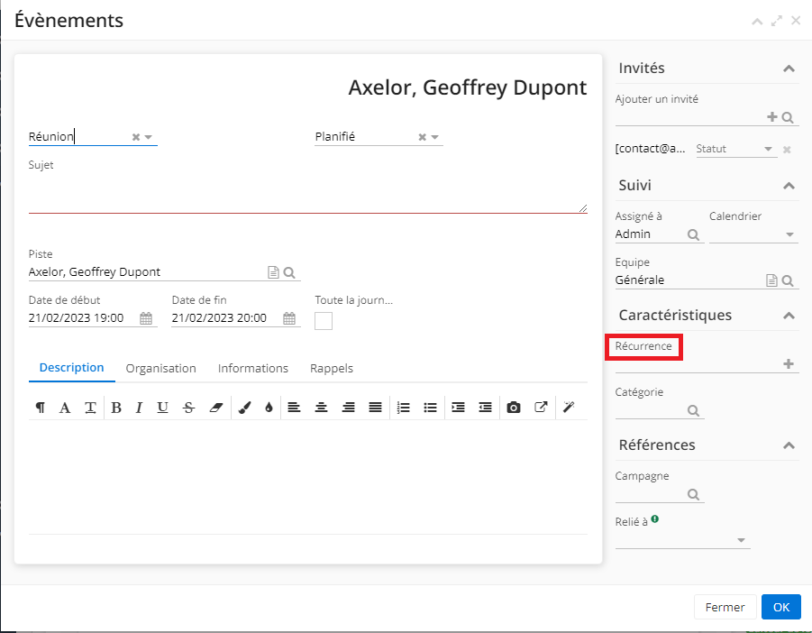 1.4. Au moment où vous configurez l’évènement, vous pouvez également ajouter une Récurrence. Par conséquent, la fenêtre d’Assistant récurrence va s’ouvrir.