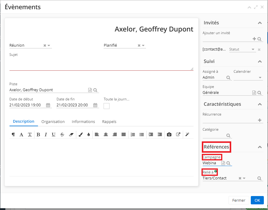 1.8. Un évènement peut être relié à différents éléments, comme une Campagne, ou un tiers (ou projet / affaire / devis etc).