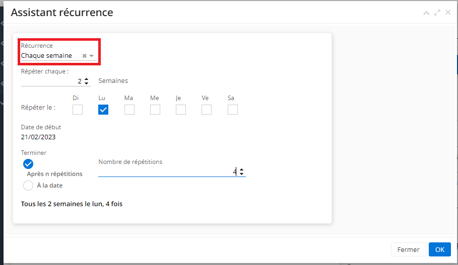 1.6. Si la récurrence a lieu chaque semaine, sélectionnez le jour de récurrence.