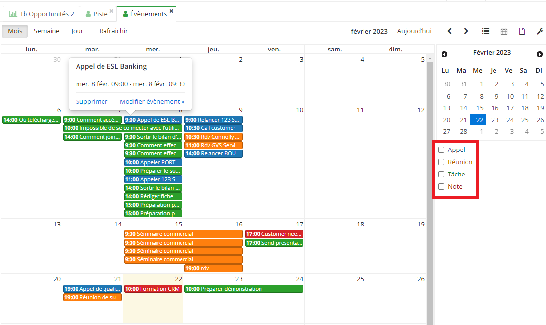 2.1. Il est possible de trier les évènements dans le calendrier en fonction de leur nature.