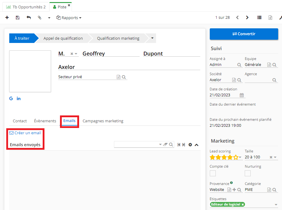 1.2. Sur la fiche de la piste, dans l’onglet “Emails”, cliquez sur “Créer un email”. Dans l’espace “Emails Envoyés” vous pouvez consulter les emails qui ont été envoyés.