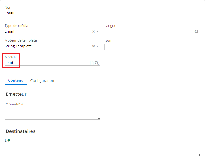 1.1. Avant de procéder à la création d’un email depuis la fiche de la piste, il est nécessaire de créer un modèle d’email (Config applicative → Message → Modèle). Sur la fiche du modèle, sélectionnez comme objet Modèle “Lead” (Piste) pour que ce modèle puisse être sélectionné lors de la configuration d’email depuis la fiche de la piste (utilisez le modèle “Partner” pour que ça soit sélectionné sur une fiche prospect, client ou contact).